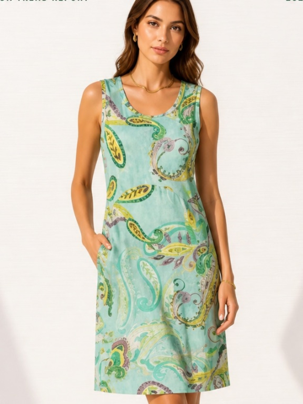 DESIGUAL Tank Dress Shift Sleeveless Paisley Floral Green Jersey Knit